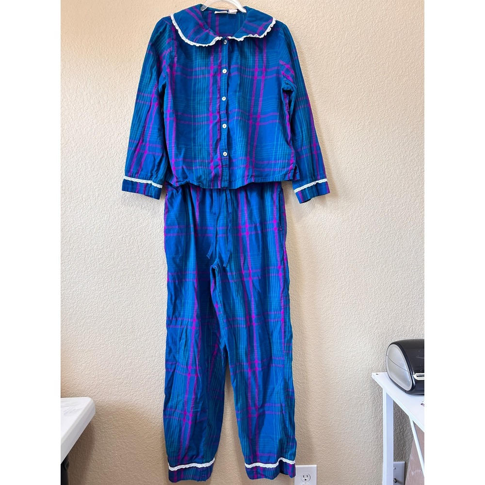 Rachel Ashwell Medium Plaid Pajama Set Blue Magenta Lace Trim Cotton Sleepwear